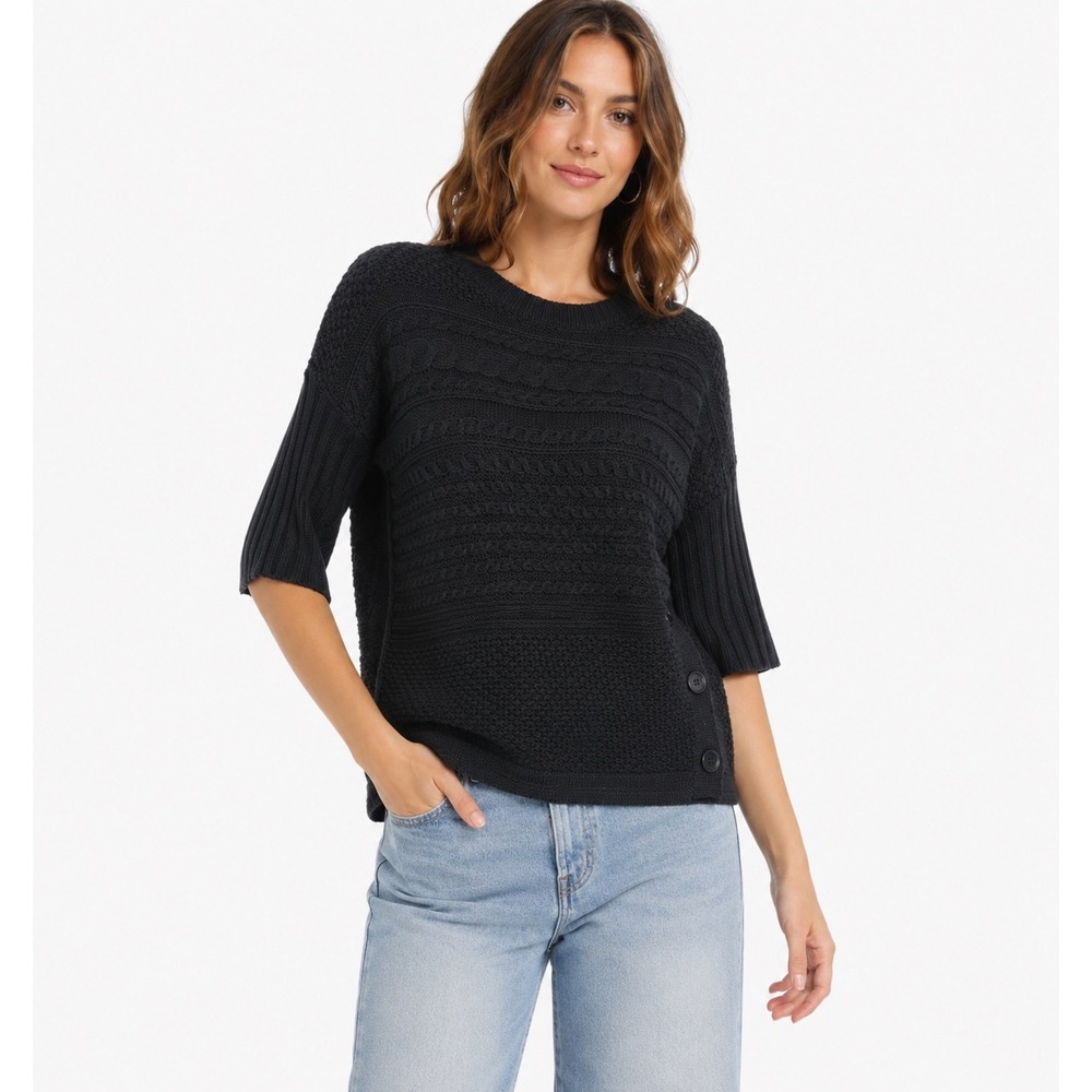 Dressbarn Sweater Womens S Black Side Button Cable Knit Mixed Stitch Pullover